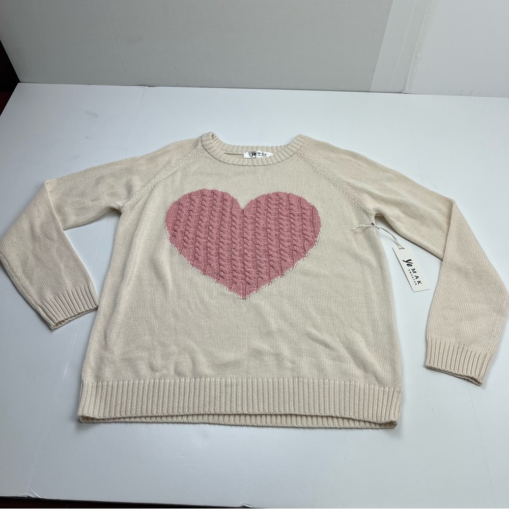 Ye Mak Sweater Cream Pink Heart Knit Womens Large Long‎ Sleeve Cotton Blend NEW